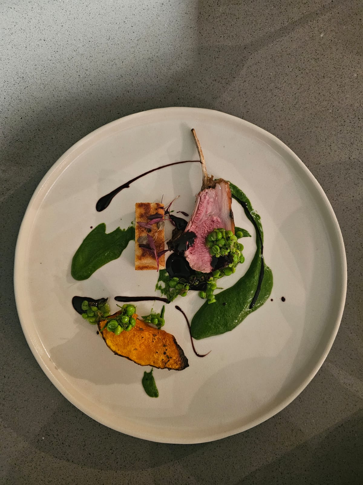 Plated lamb with seasonal jus and garnish